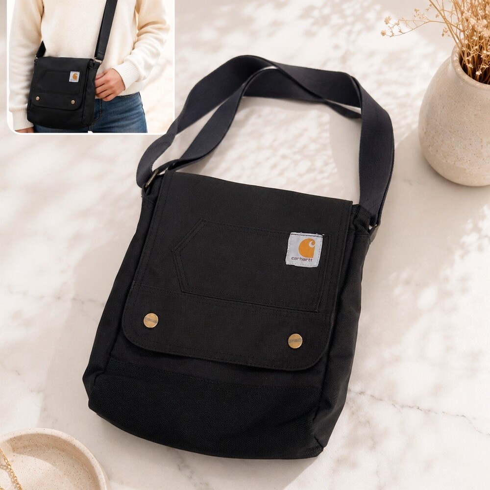 Carhartt Crossbody Bag Womens Medium Black Snap Flap Front Pocket Logo casual